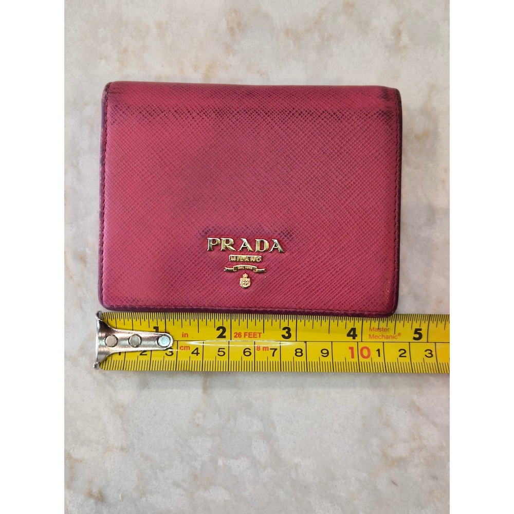 Prada Pink Saffiano Leather Compact Bi-Fold Wallet Gold Logo Made in Italy